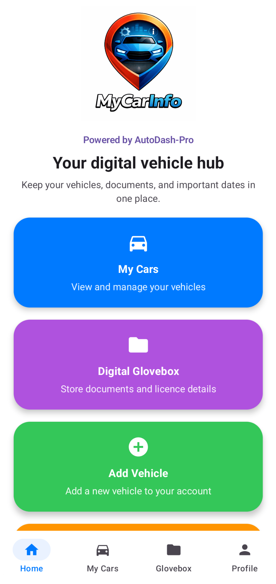 My Car Info home screen