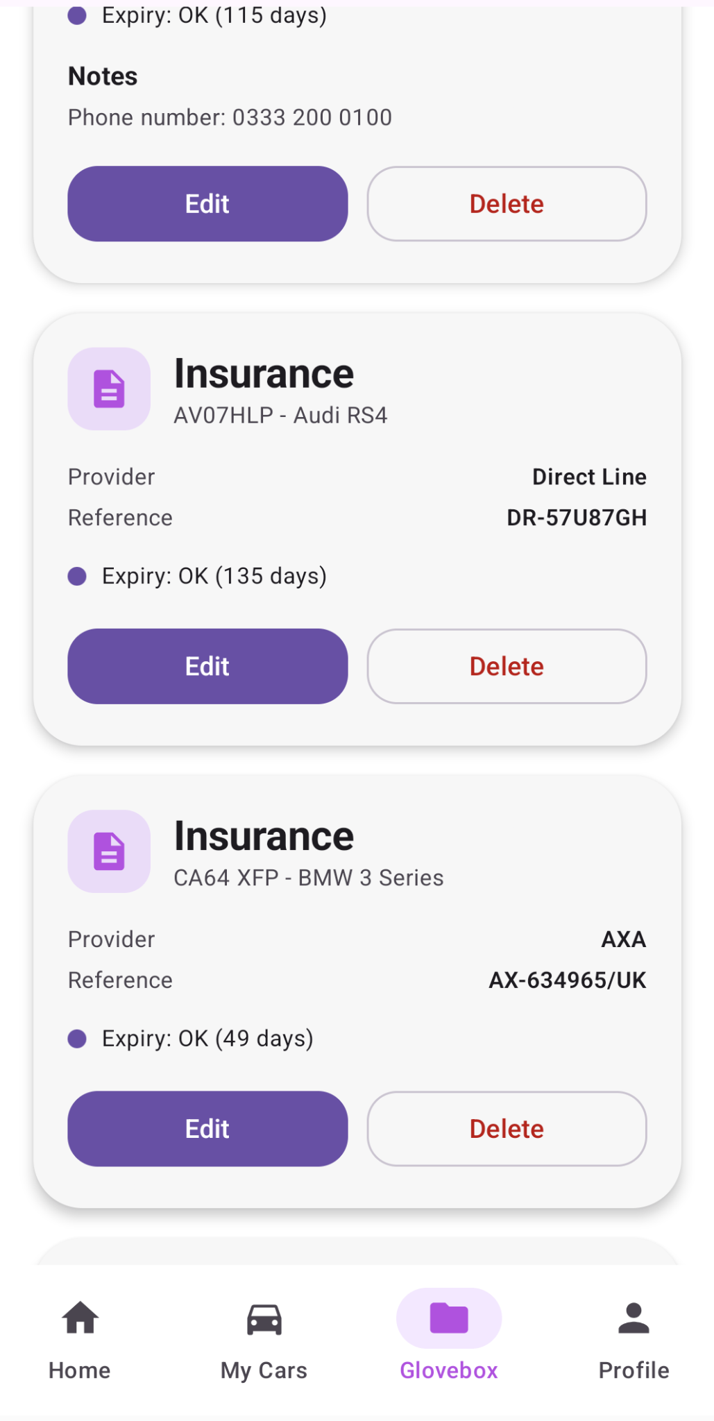 Insurance record screen