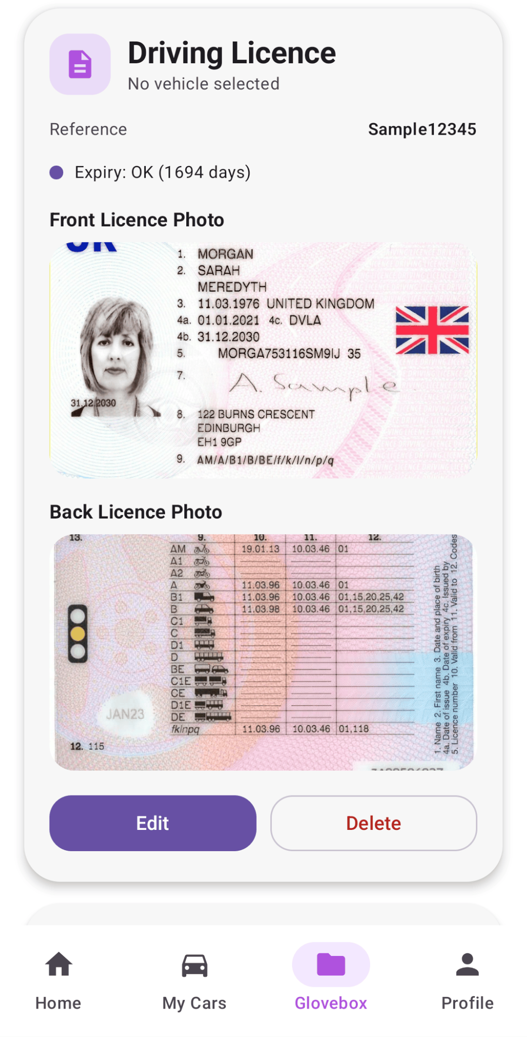 Driving licence record screen